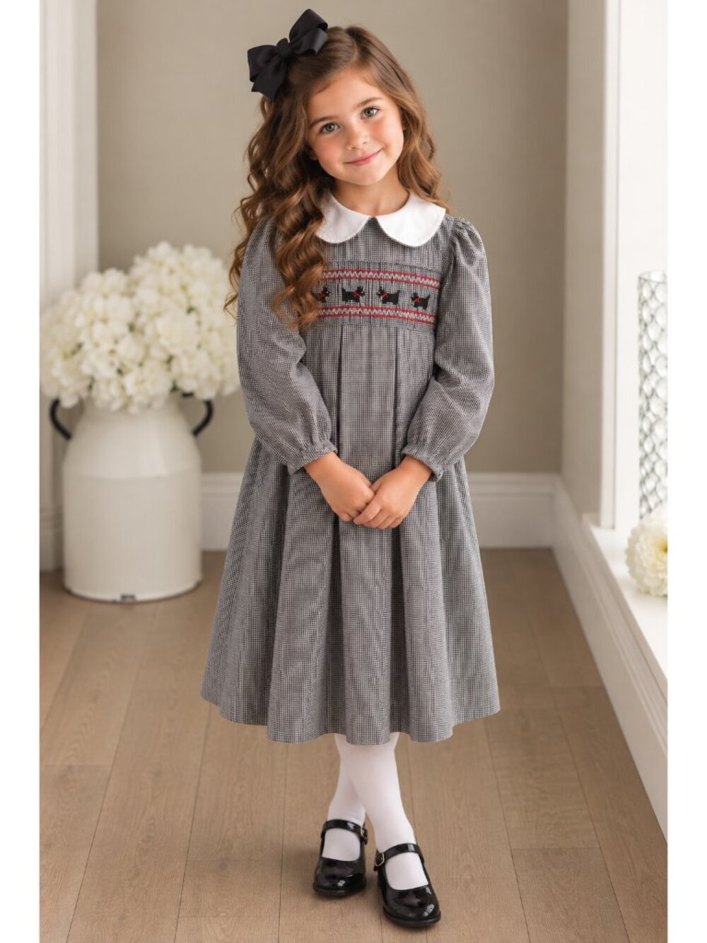 Strasburg Smocked Scottie Micro Gingham Check Dress Long Sleeve Size 5 Like New